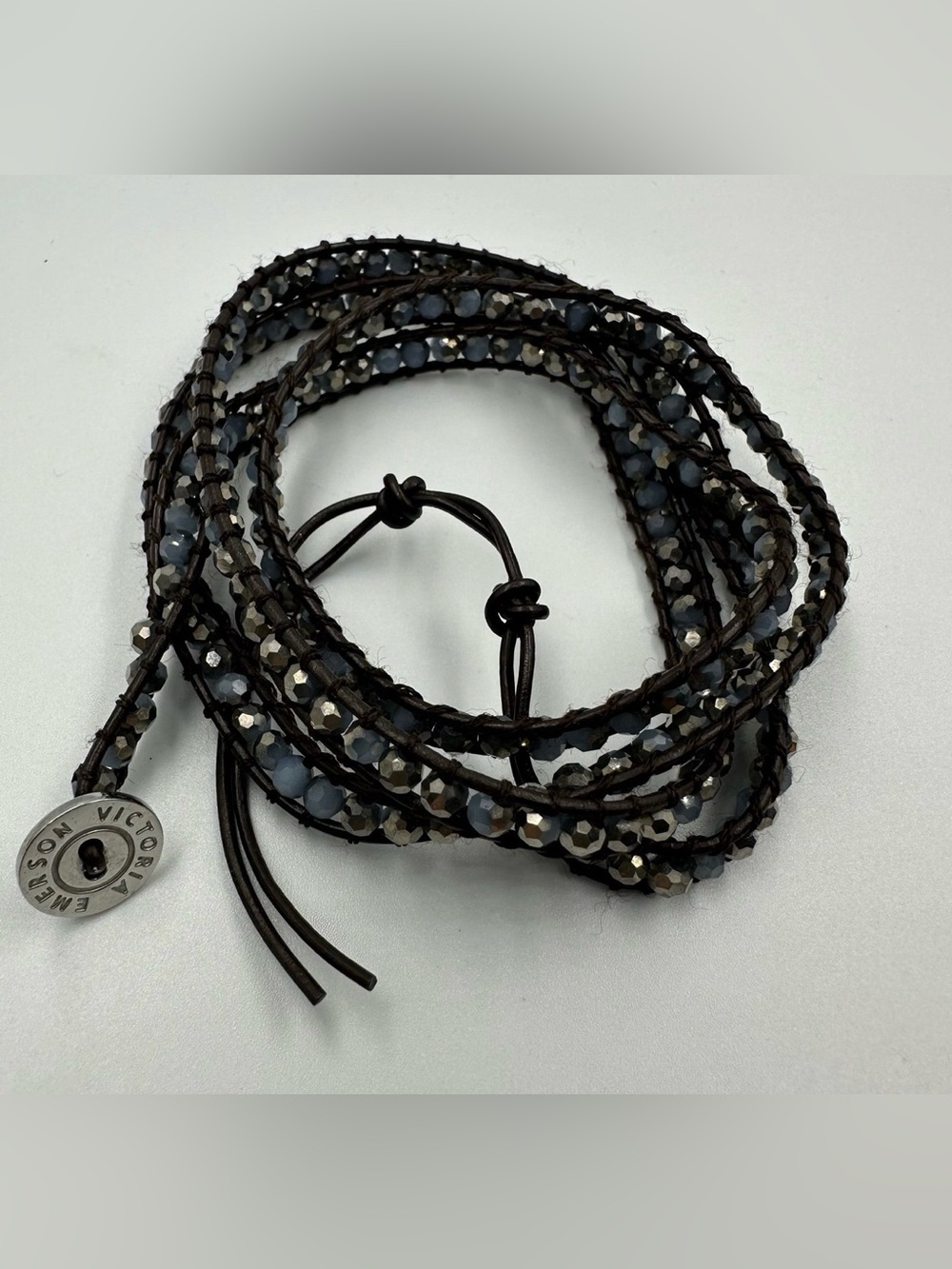 Victoria Emerson Wrap Bracelet Chocolate Leather Smoky Faceted Crystal Beaded